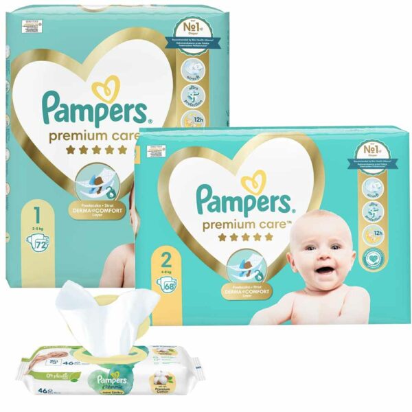 Pampers Premium Care 1 és 2 pelenka kezdőcsomag Harmonie New Baby törlőkendővel