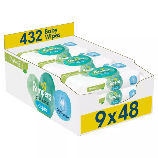 Pampers Harmonie Aqua Plastic Free Nedves törlőkendő 9x 48 db (432 db)