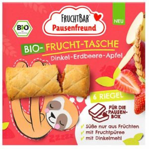 Fruchtbar Pausenfreund Bio Gyümölcsös párna eperrel, almával és tönköllyel 132g 3 év+