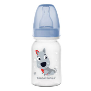 Canpol Babies Keskeny nyakú cumisüveg 120 ml 3 hó+ (Cute animals - szürke)