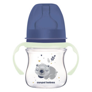 Canpol Babies EasyStart Anti-Colic Cumisüveg világító fogókával 120 ml 0 hó+ (Sleepy Koala - kék)