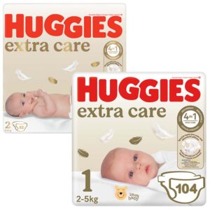 Huggies Extra Care Újszülött csomag 1-es 2-es méret (104+ 82 db) + Tommee Tippee Sangenic kuka
